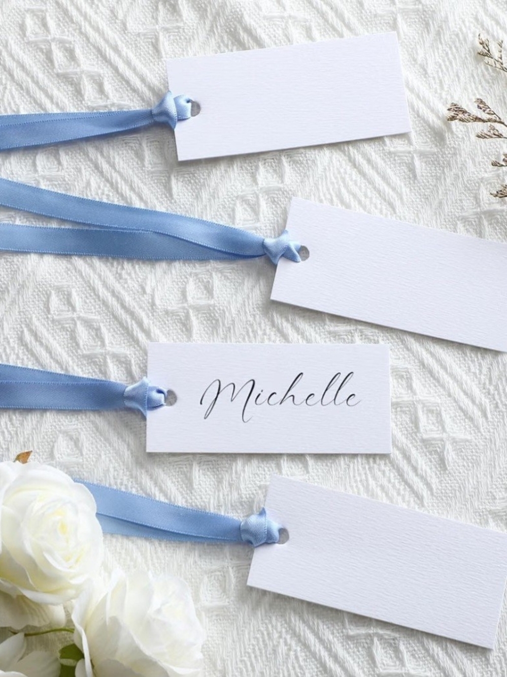 50 Pieces Light Blue Satin Ribbon Place Card Tags - Blank Wedding & Party Labels